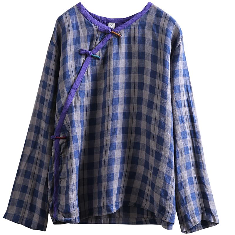 Women Cotton Linen Spring Plaid Loose Frog Shirt