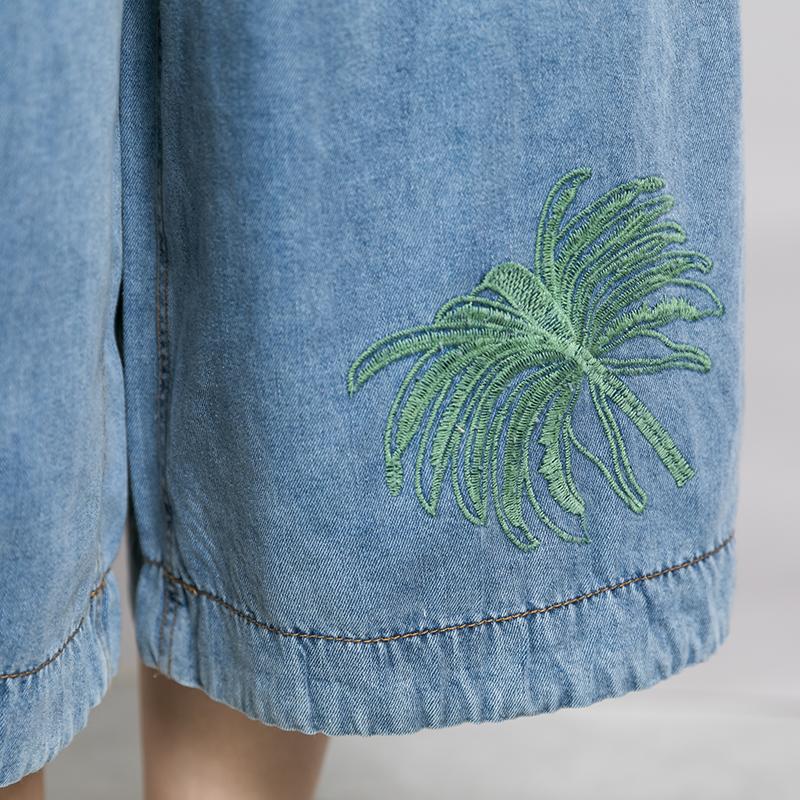 Women Embroidered Leaves Wide Leg Jeans