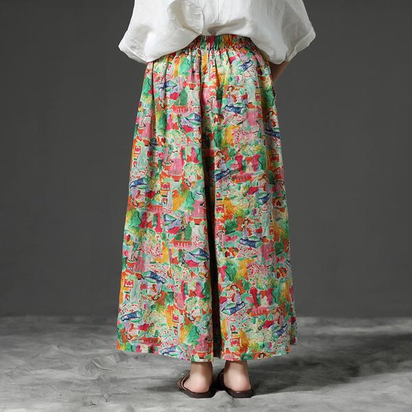 Loose Printing Women Summer Green Wide Leg Pants