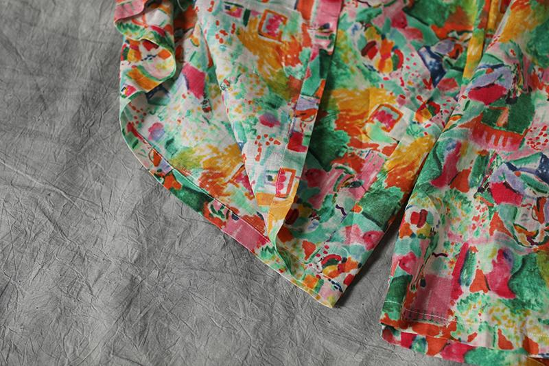 Women Linen Floral Printing Wide Leg Pants