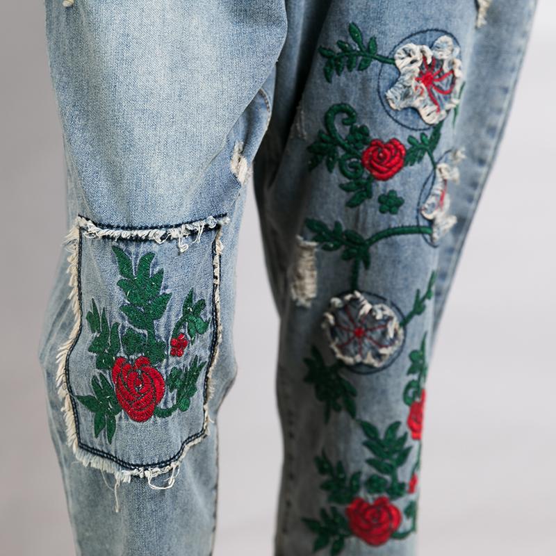 Women Patchwork Embroidered Plant Frayed Jeans