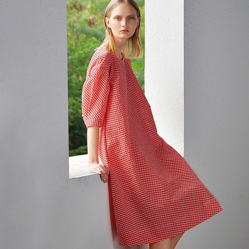 Women Plus Size Plaid Round Neck Midi Dress