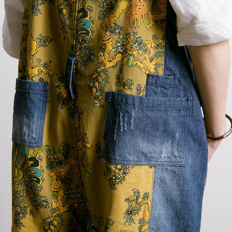 Women Spliced Plant Printed Loose Jumpsuit