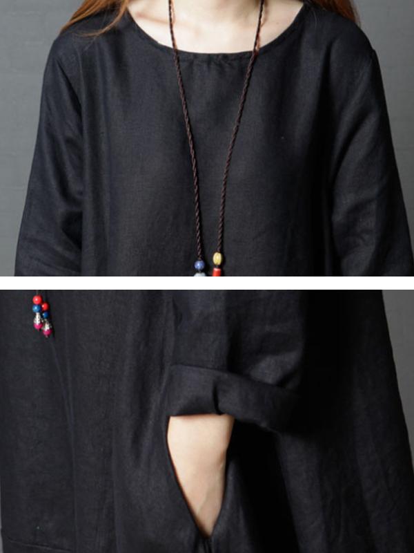 Women Spring Casual Solid Mid-Calf Long Sleeve Loose Dress