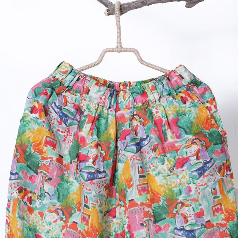 Women Spring Print Casual Wide Leg Pants Calf Length Pants