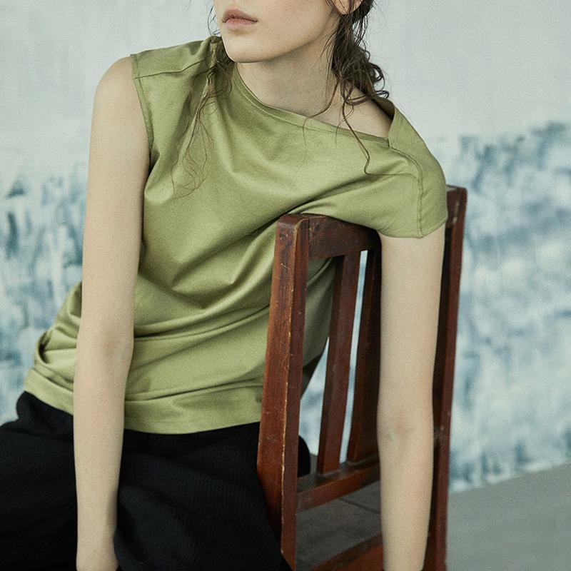 Women Summer Short Sleeve Asymmetric T-shirt In Green