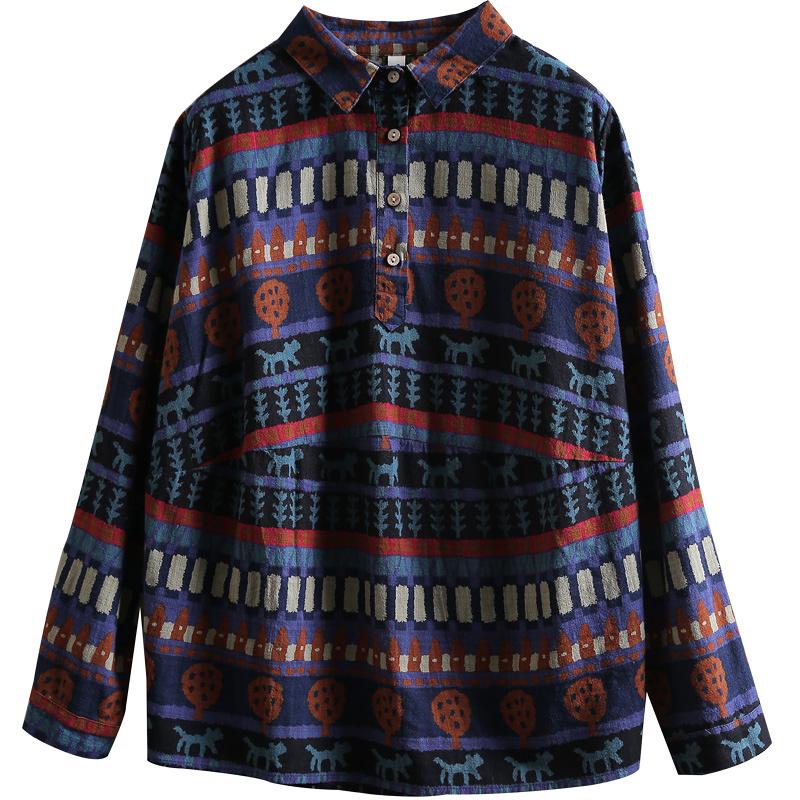 Women Vintage Loose Printed Long Sleeve Shirt