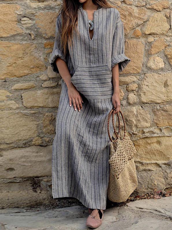 Striped Loose Ramie Cotton Maxi Dress
