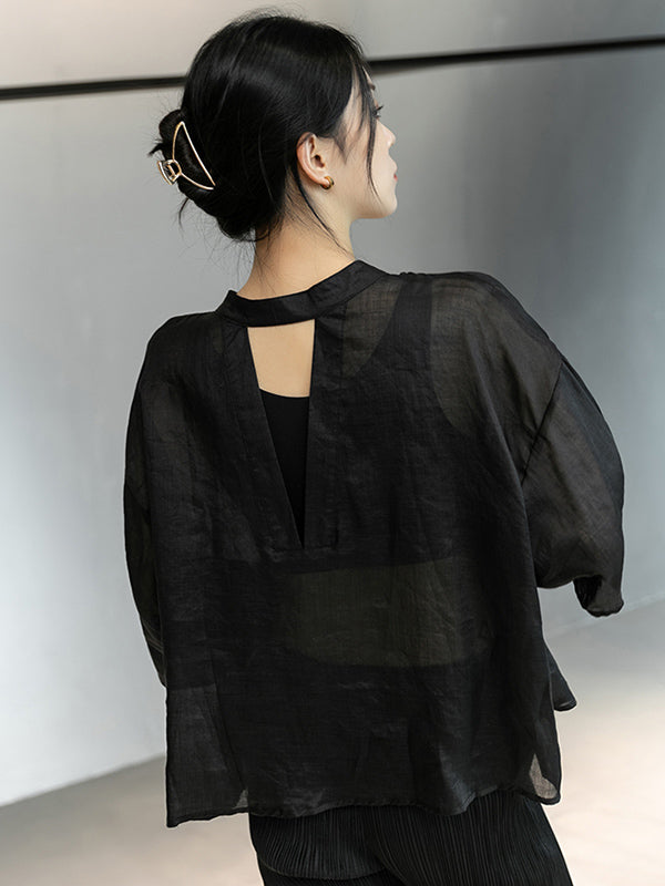 Linen Black&White Round-Neck Flared Sleeves T-Shirt