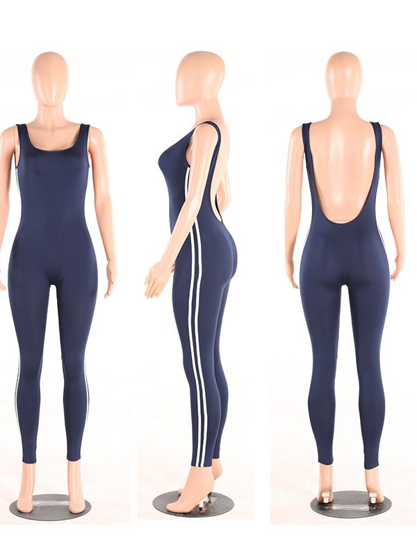 Striped Backless Athletic Jumpsuits