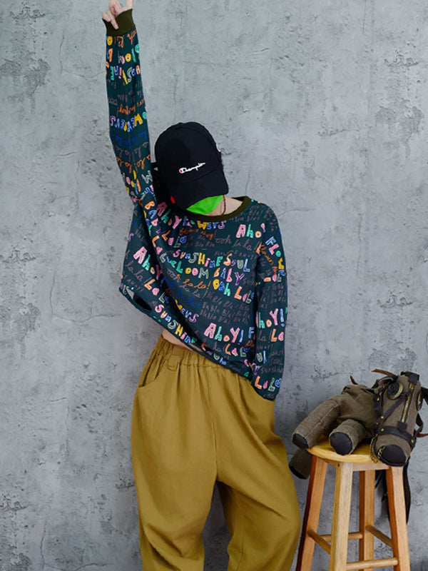 Fashion Contrast Color Printed Long Sleeves Torn Sweatshirt Top