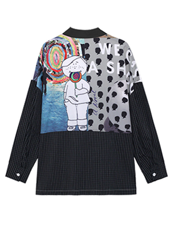 Stylish Cartoon Printed Plaid Split-Joint Lapel Collar Long Sleeves Blouse