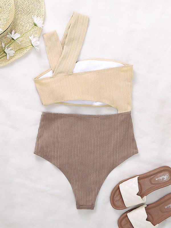 One-Shoulder Belly-Hollow Ribbed Split-Joint One-Piece Swimwear