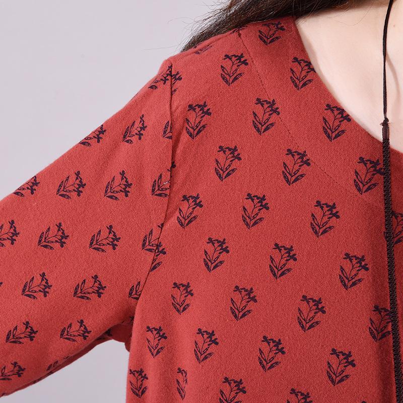 Buykud Casual Plant Printed O-Neck Pullover A-Line Dress