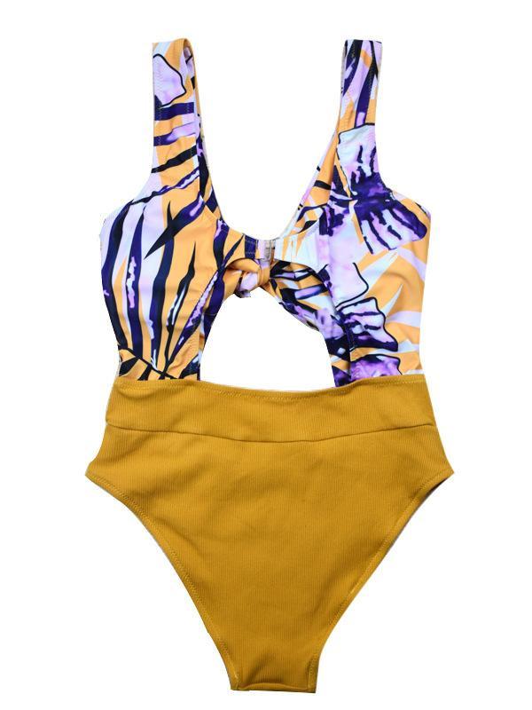 Knot Front High Waisted One-piece Swimwear