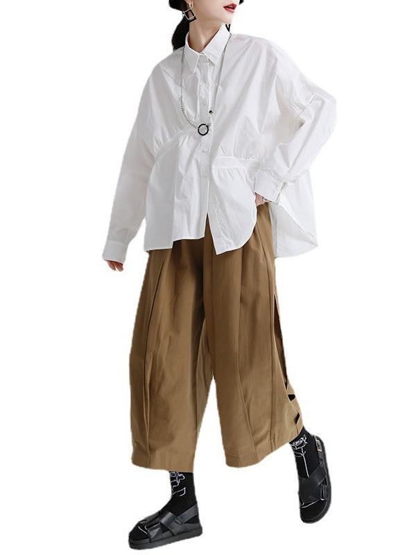 Original Irregular Solid Color Split-Joint Pleated Buttoned Lapel Collar Long Sleeves Blouse