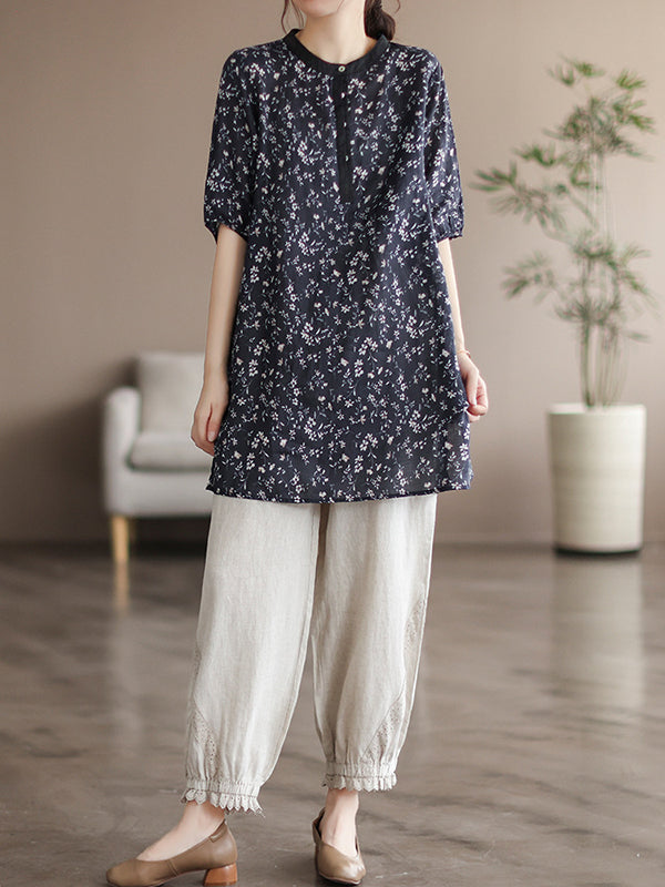 Vintage Half Sleeves Ramie Floral Printed Thin Black T-Shirt