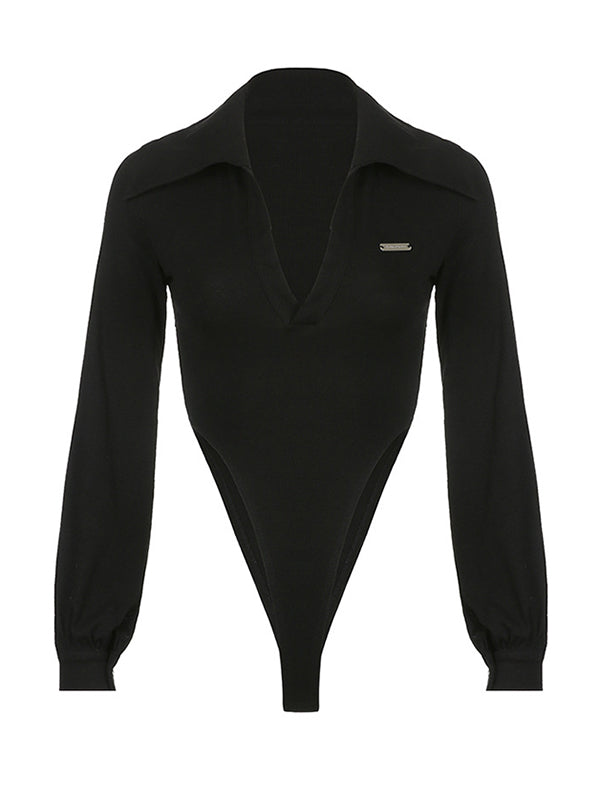 Solid Color Long Sleeves Letter Print Bodysuits