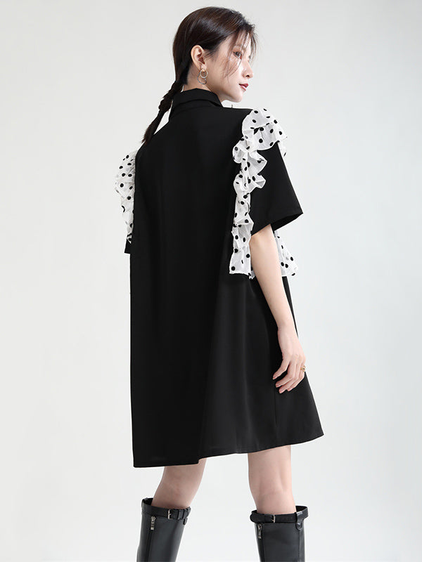 Stylish Irregular Split-Joint Polka-Dot Mesh Falbala Buttoned Lapel Collar Half Sleeves Mini Dress