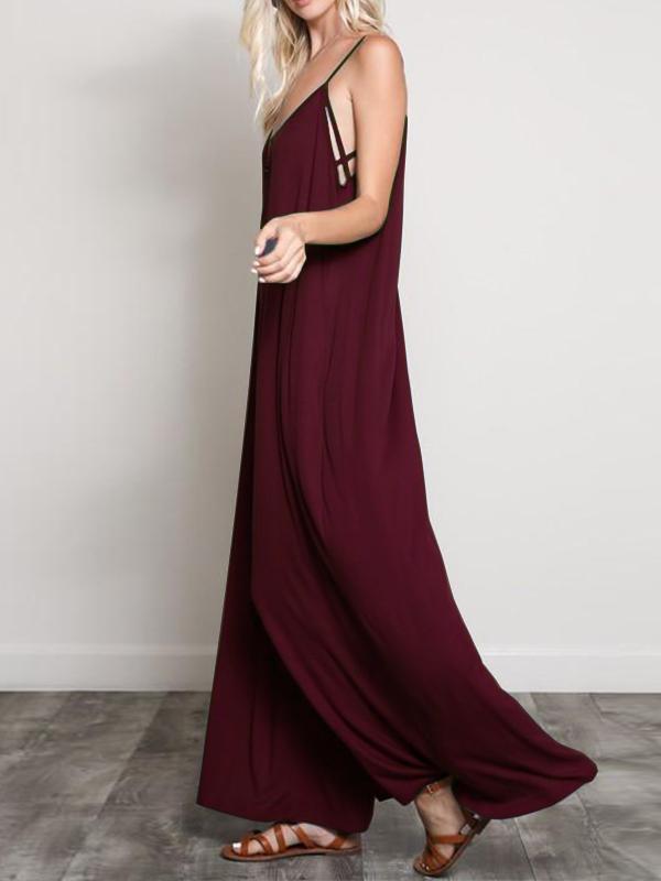 Burgundy&Black Loose Sleeveless Wide Leg Jumpsuits