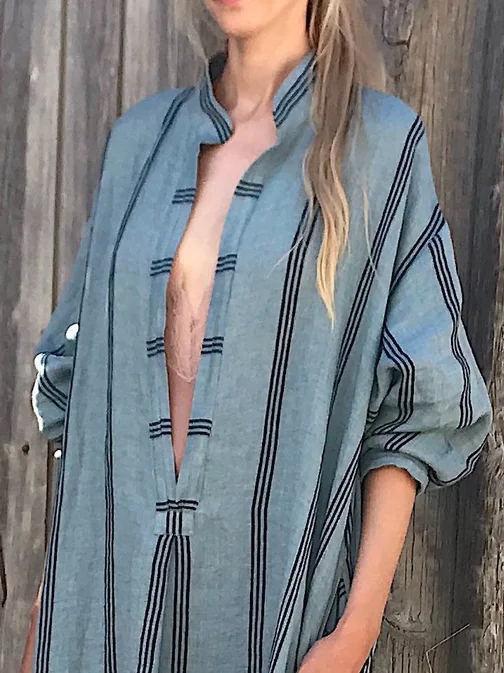 Striped Deep V-neck Ramie Cotton Maxi Dress