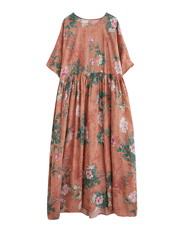 Artistic Retro Loose Original Floral Printed Pleated Midi Dress
