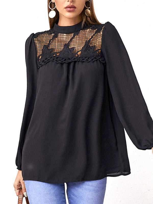 Original Mesh Hollow Split-Joint Pleated Solid Color T-Shirt Top