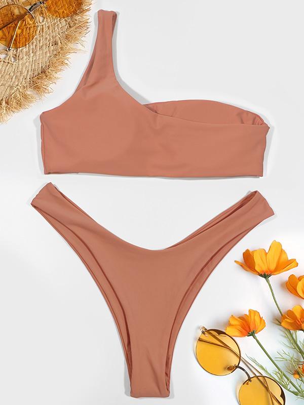 Single Shoulder Plain Bikinis Swimwear