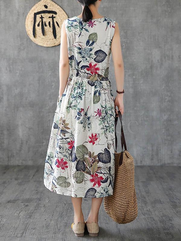 National Flower Printed Sleeveless Long Dress