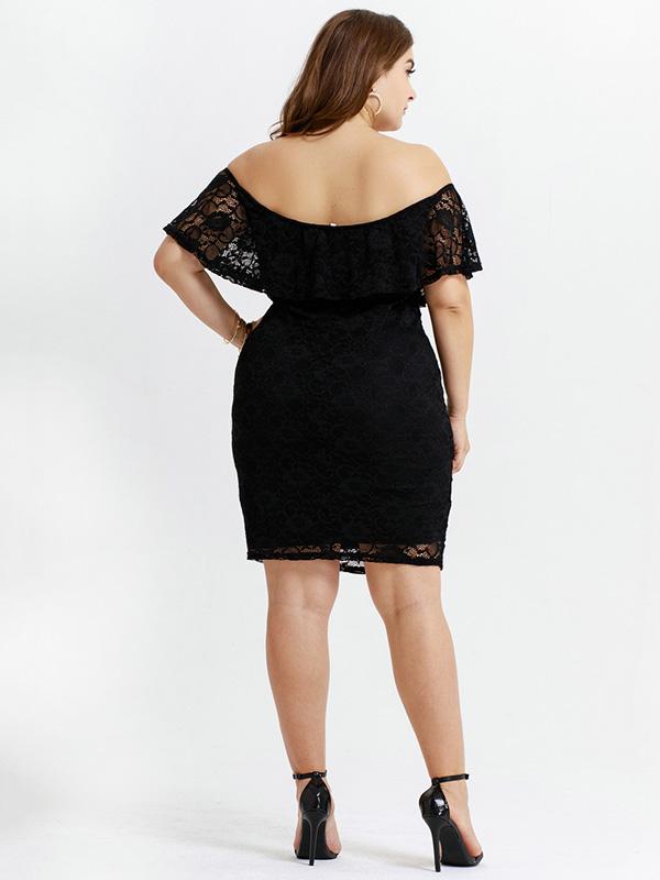 Solid Color Short Sleeve Off Shoulder Lace Mini Dress