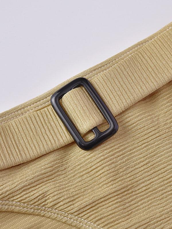 Solid Color Belted Split Bikini Swimsuit