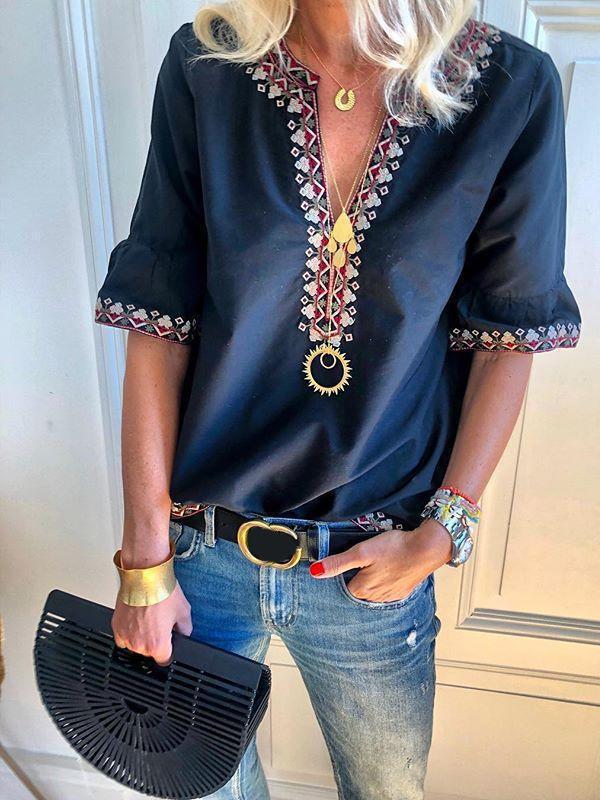 Short Sleeves 2 Colors V-neck Floral T-shirts Tops