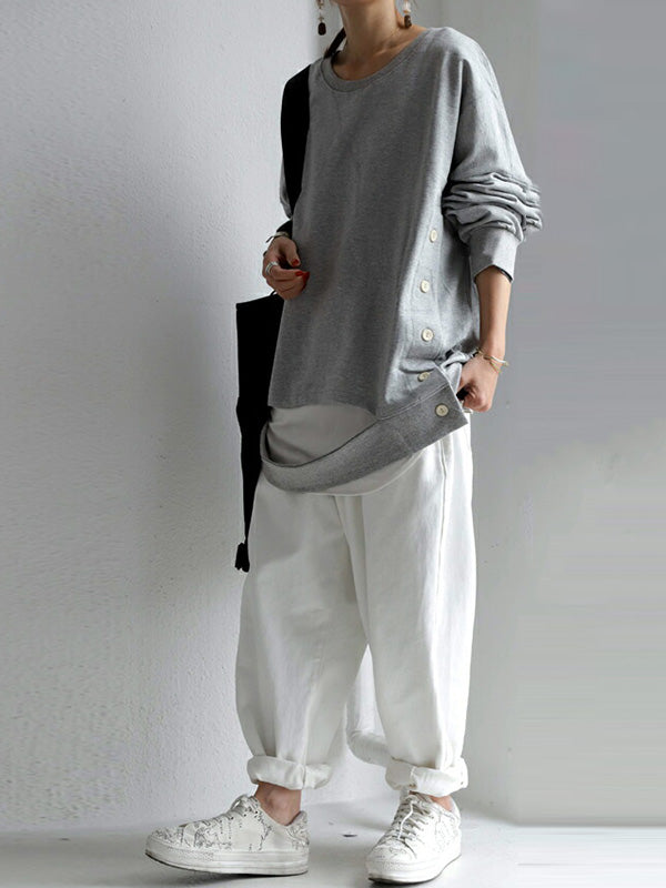 Casual Irregular Buttoned Solid Color Round-Neck Long Sleeves T-Shirt