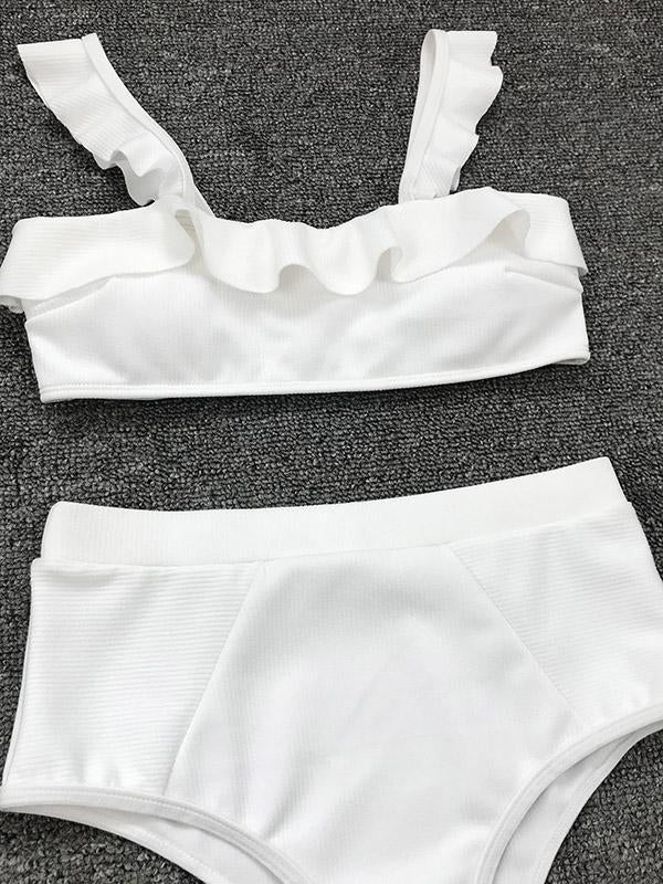 Solid Color Falbala Split Bikini Swimsuit