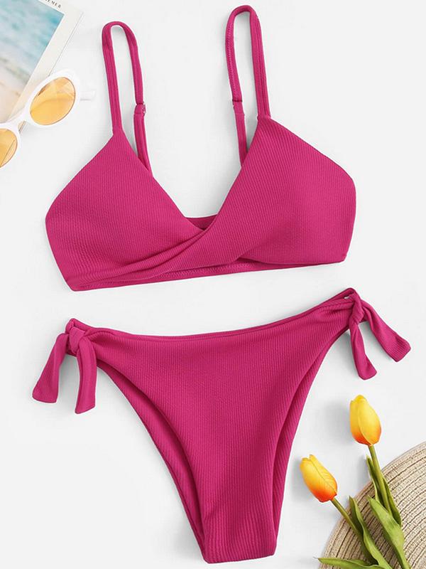 Plunge Neck Top With Panty Cut Bikini Set
