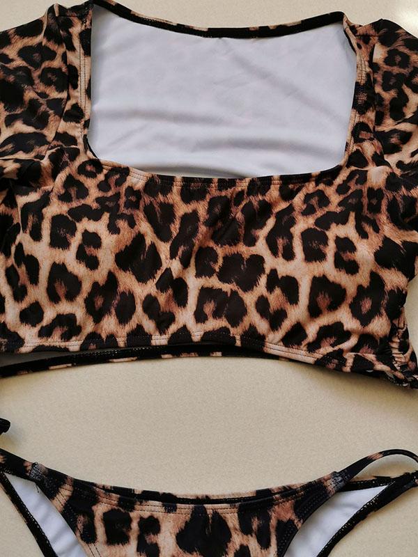 Solid Color Half Sleeve Bandage Split Bikini Swimsuit