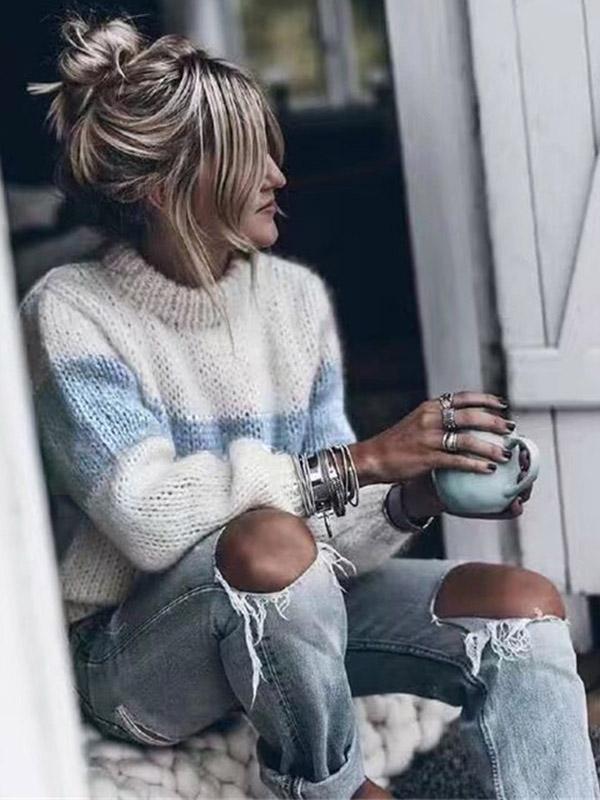 Loose Striped Long Sleeves Sweater Tops