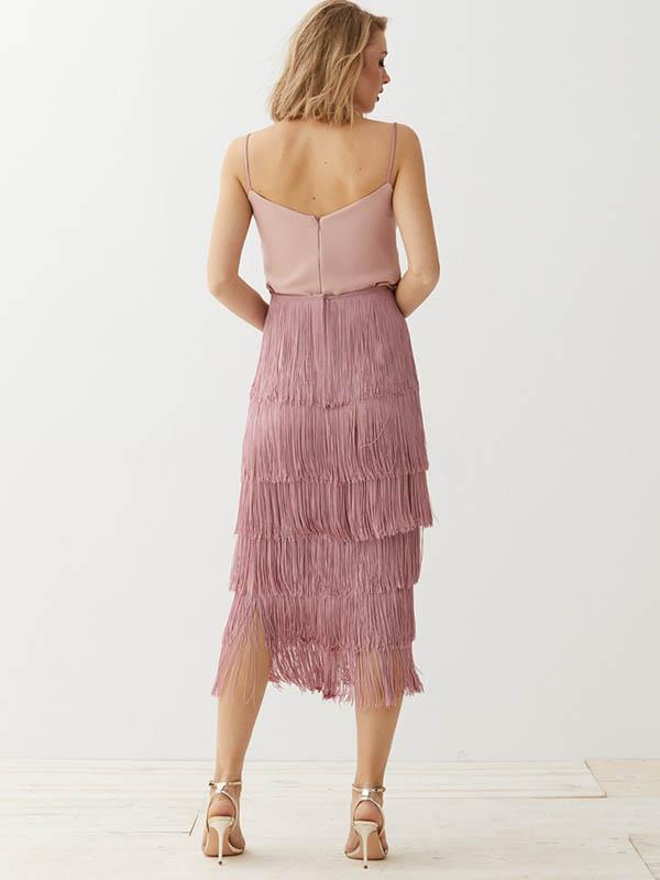 Spaghetti-neck Stacked Tassels Midi Dress