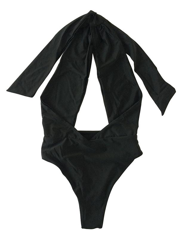 Solid Bandage Halter-neck One-piece Swimwear