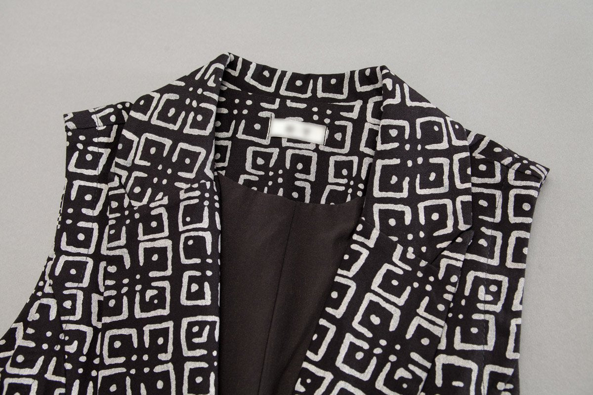 Black Cotton Geometric Cardigan Sleeveless Coat