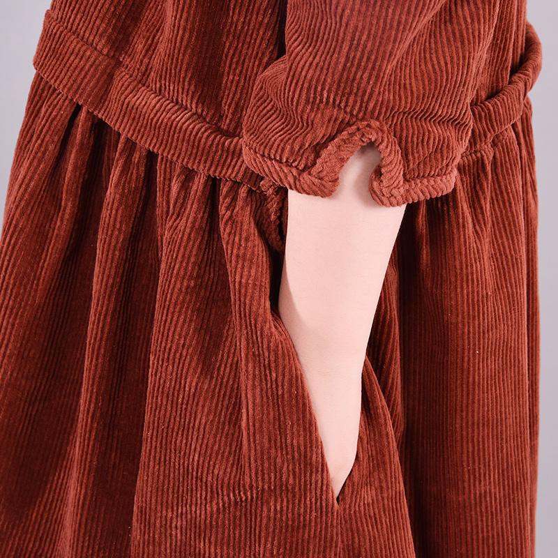 Buykud Long Sleeve Round Neck Corduroy Casual Midi Dress