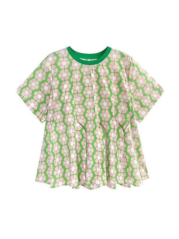 Original Loose Floral Printed Contrast Color Pleated T-Shirt Top