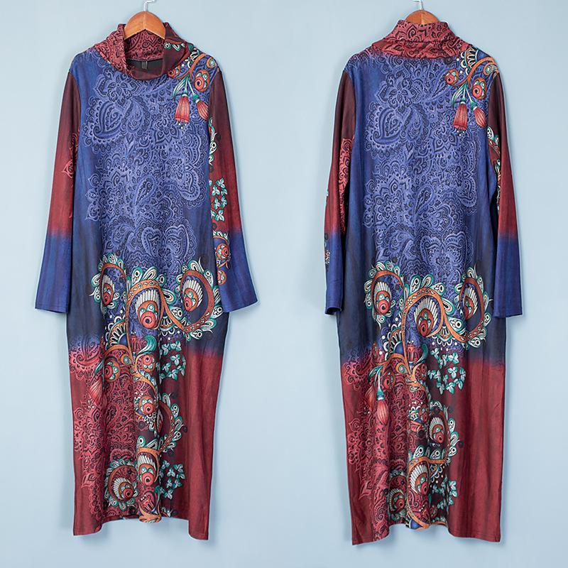 Buykud Printed Flocking Fashion Turtleneck Elegant Dress