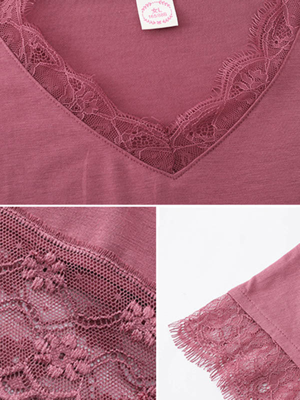 Comfortable Solid Lace Split-Joint Round-Neck Pajama Dress