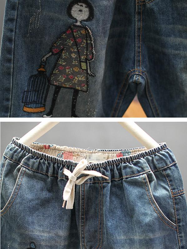 Embroidery Cartoon Shredded Jeans Pants