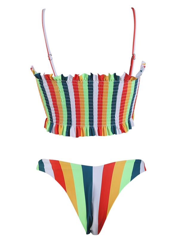 Striped Top Smocked Bikini Set