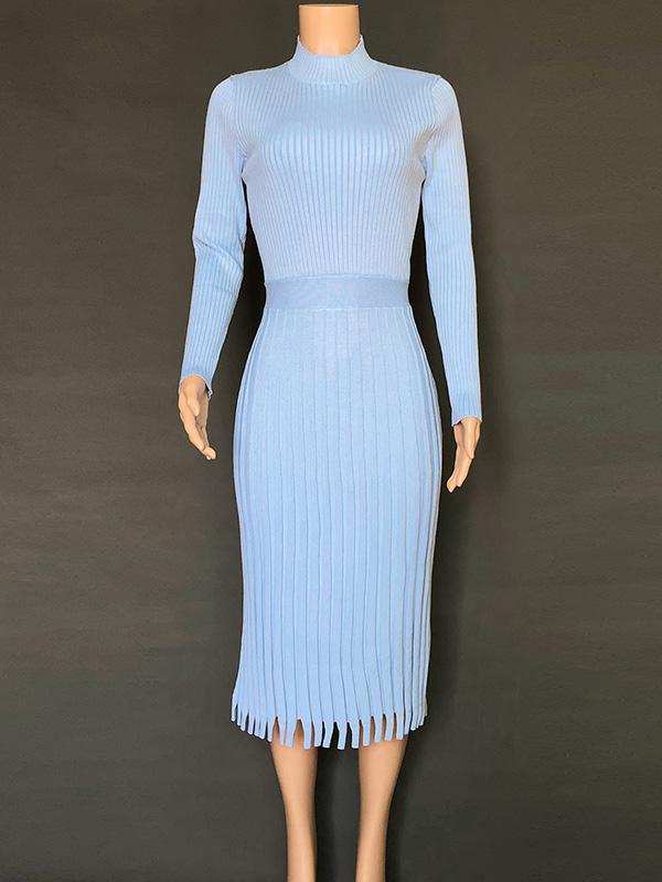 Solid Long-Sleeves Midi Dress