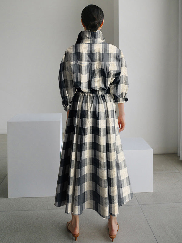 Urban Loose Long Sleeves Plaid Midi Dress Shirt Dress