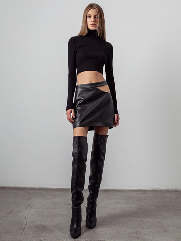 Waist Cut Out Leather Skirt