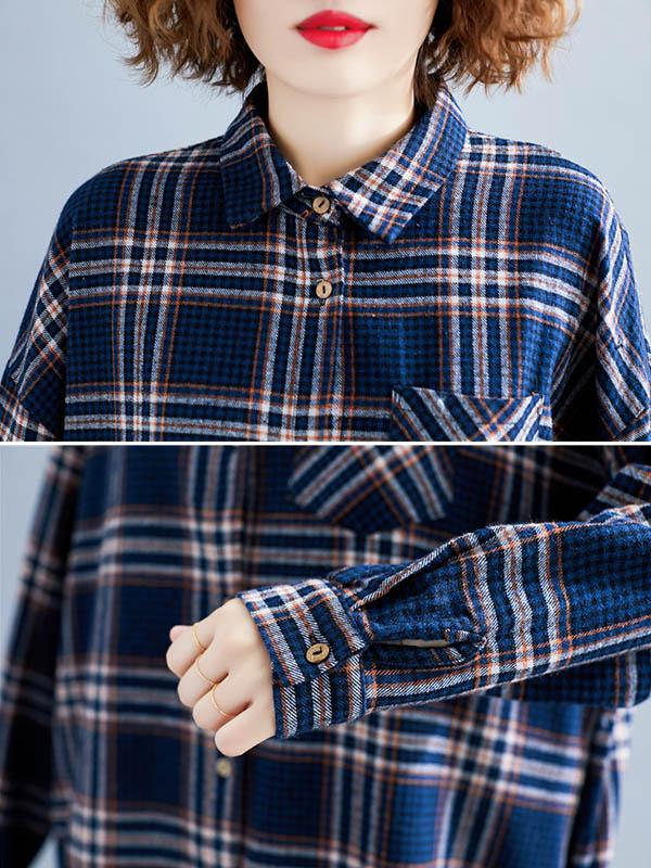 Loose Plaid Lapel Blouse Dress